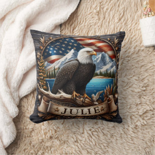 American Eagle With Scenic Mountains and Flag Cushion