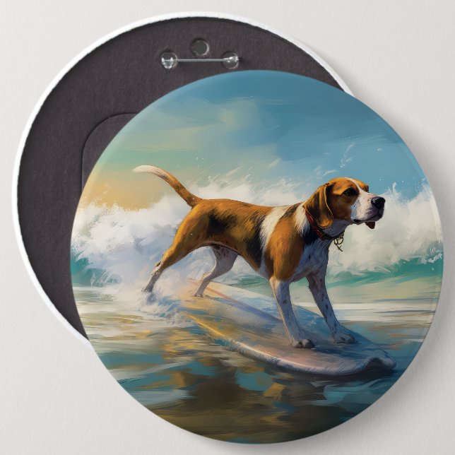 American Engligh Foxhound Beach Surfing Painting  6 Cm Round Badge (Front & Back)