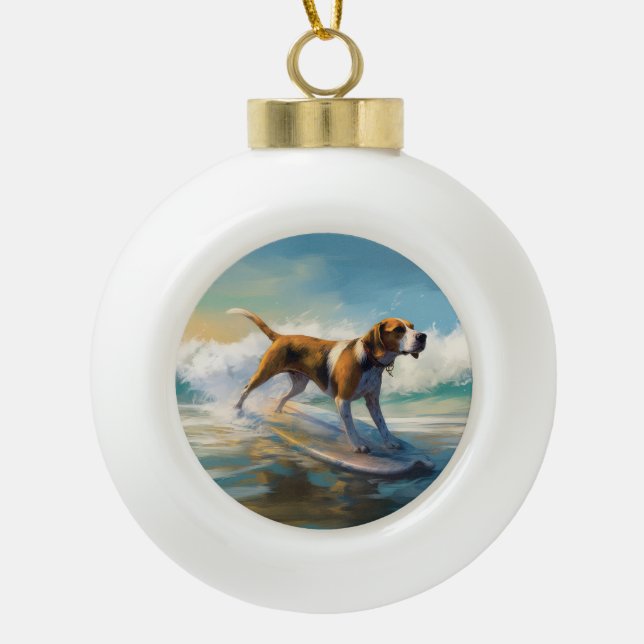 American Engligh Foxhound Beach Surfing Painting  Ceramic Ball Christmas Ornament (Front)