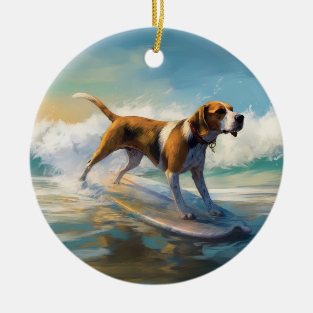 American Engligh Foxhound Beach Surfing Painting  Ceramic Ornament (Front)