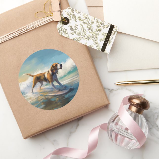 American Engligh Foxhound Beach Surfing Painting  Classic Round Sticker (Gifting)