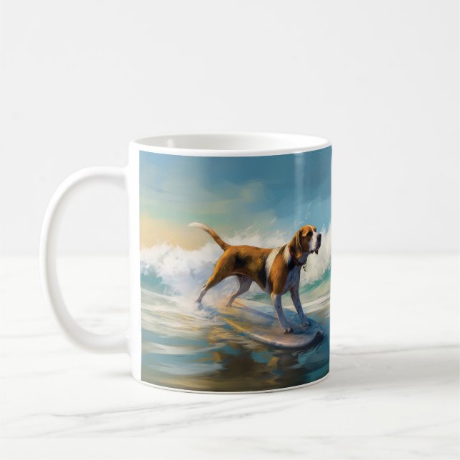 American Engligh Foxhound Beach Surfing Painting  Coffee Mug (Left)