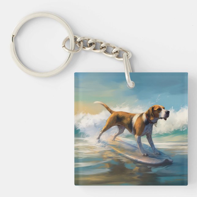 American Engligh Foxhound Beach Surfing Painting  Key Ring (Front)