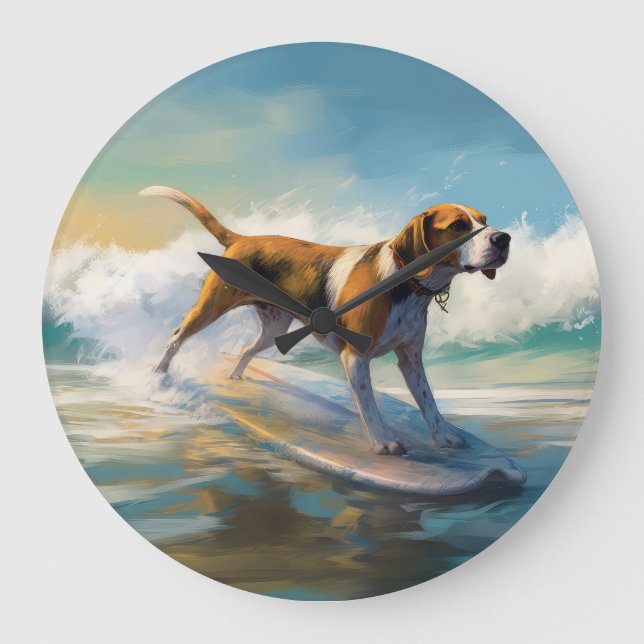 American Engligh Foxhound Beach Surfing Painting  Large Clock (Front)
