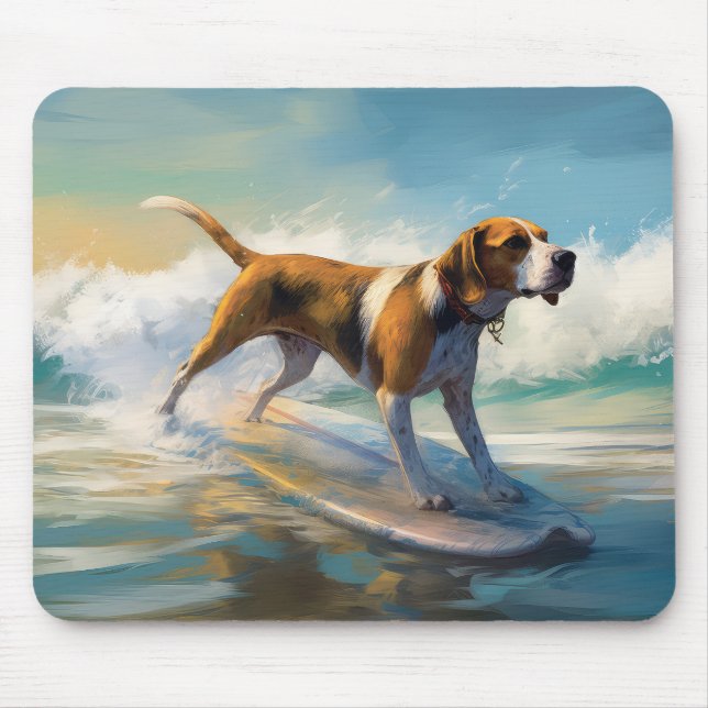 American Engligh Foxhound Beach Surfing Painting  Mouse Pad (Front)