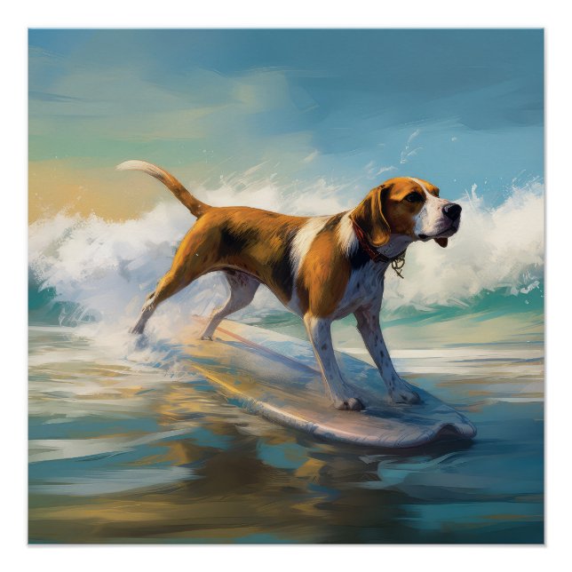 American Engligh Foxhound Beach Surfing Painting  Poster (Front)