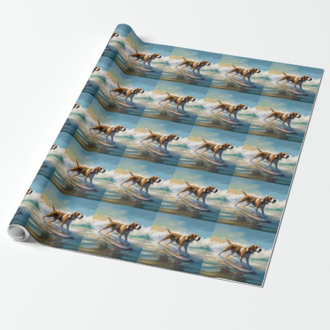 American Engligh Foxhound Beach Surfing Painting  Wrapping Paper (Unrolled)