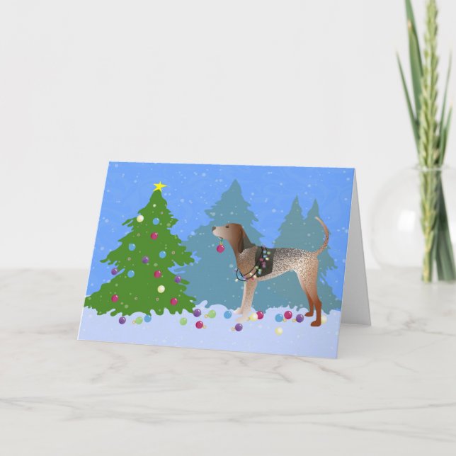 American English Coonhound Decorating Christmas Tr Holiday Card (Front)