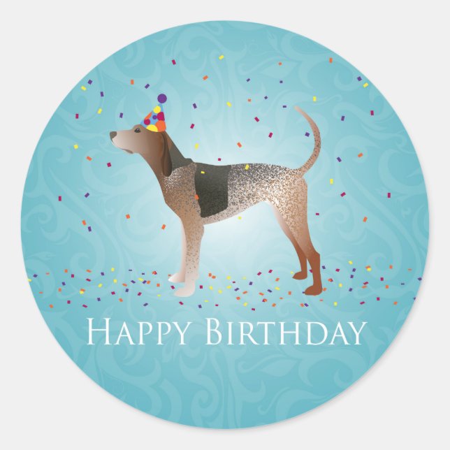 American English Coonhound Happy Birthday Design Classic Round Sticker (Front)