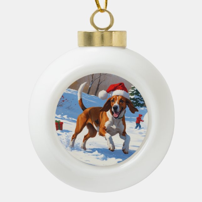 American English Foxhound Christmas Festive Snow  Ceramic Ball Christmas Ornament (Front)