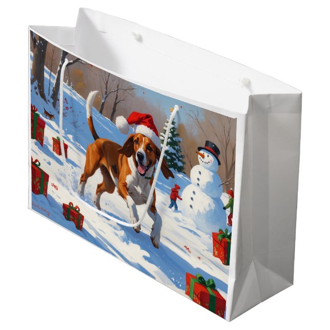 American English Foxhound Christmas Festive Snow  Large Gift Bag (Front Angled)