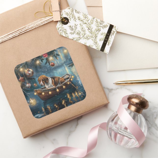American English Foxhound Christmas Festive Voyage Square Sticker (Gifting)