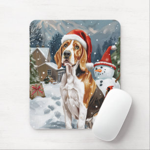 American English Foxhound Dog Winter Christmas Joy Mouse Pad