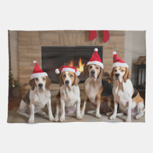 American English Foxhound Fireplace Christmas Tea Towel