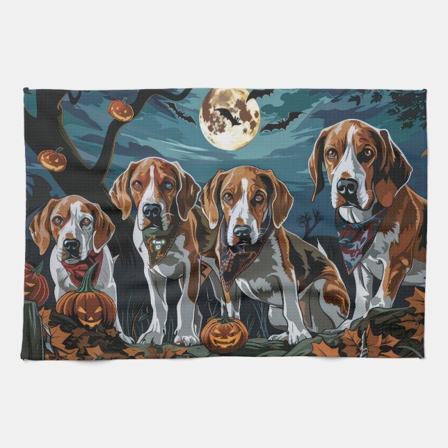 American English Foxhound Halloween Spooky  Tea Towel (Horizontal)
