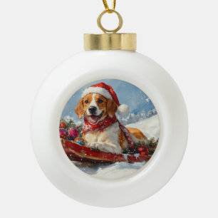 American English Foxhound in Sledge Christmas Ceramic Ball Christmas Ornament