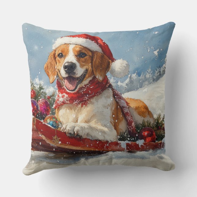 American English Foxhound in Sledge Christmas Cushion (Back)