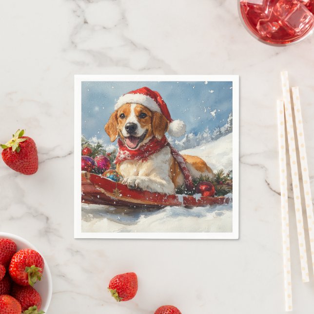 American English Foxhound in Sledge Christmas Napkin (Insitu)