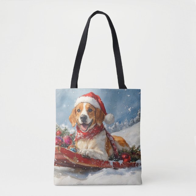 American English Foxhound in Sledge Christmas Tote Bag (Front)