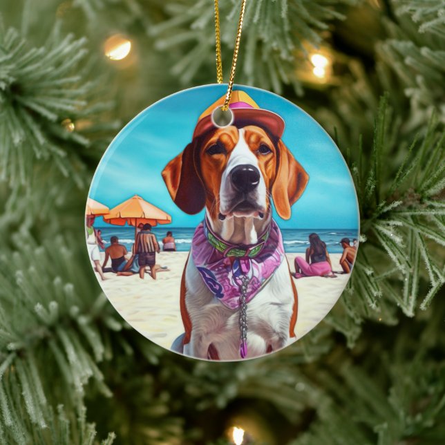 American English Foxhound on Beach, summer gift  Ceramic Ornament (Tree)