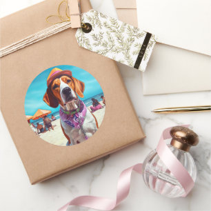 American English Foxhound on Beach, summer gift  Classic Round Sticker