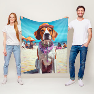 American English Foxhound on Beach, summer gift  Fleece Blanket