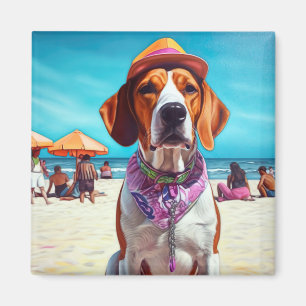 American English Foxhound on Beach, summer gift Magnet