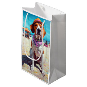 American English Foxhound on Beach, summer gift  Small Gift Bag
