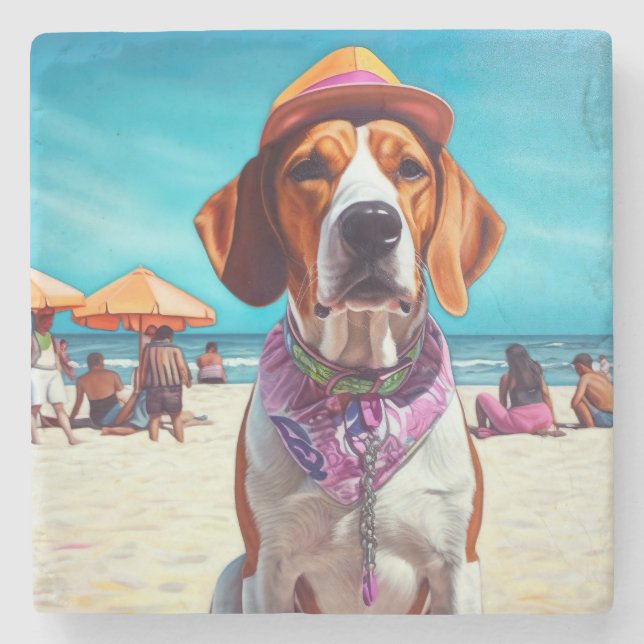 American English Foxhound on Beach, summer gift  Stone Coaster (Front)