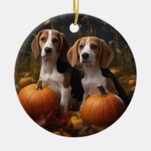 American English Foxhound Puppy Autumn Delight Ceramic Ornament