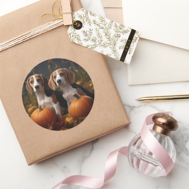 American English Foxhound Puppy Autumn Delight Classic Round Sticker (Gifting)