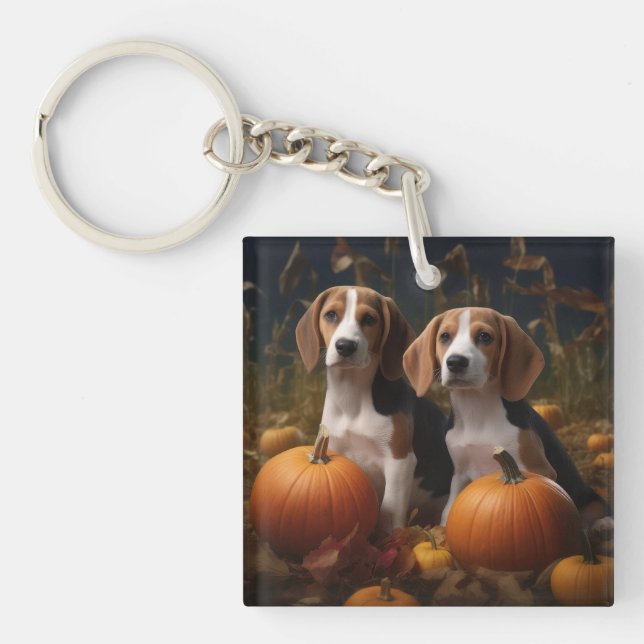 American English Foxhound Puppy Autumn Delight Key Ring (Front)