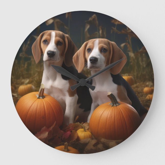 American English Foxhound Puppy Autumn Delight Large Clock (Front)