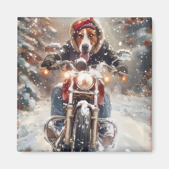 American English Foxhound Riding Bike Christmas Magnet (Front)