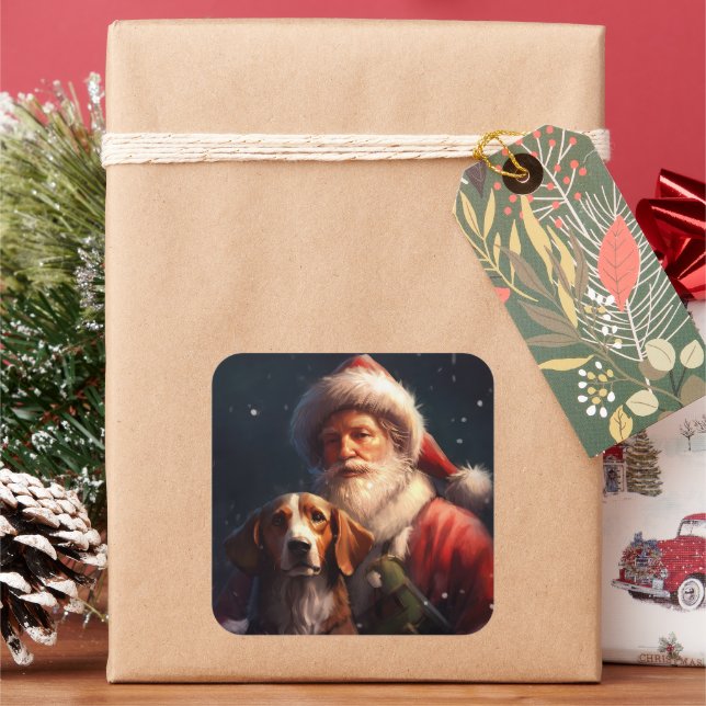 American English Foxhound Santa Claus Christmas Square Sticker (Holiday)