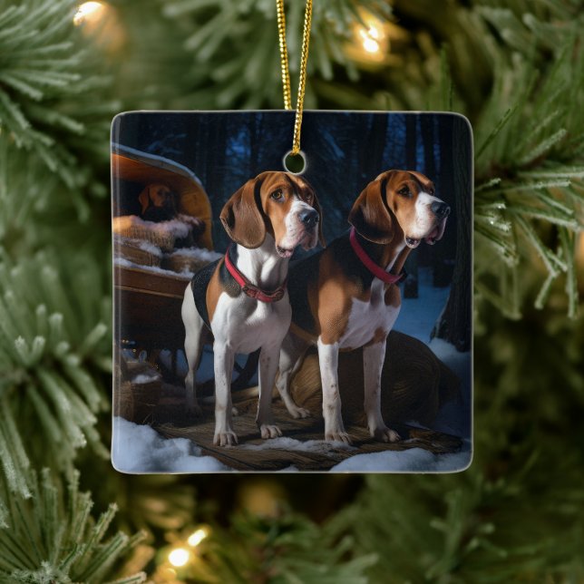 American English Foxhound Snowy Sleigh Christmas Ceramic Ornament (Tree)
