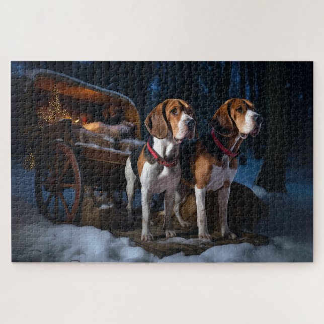 American English Foxhound Snowy Sleigh Christmas Jigsaw Puzzle (Horizontal)