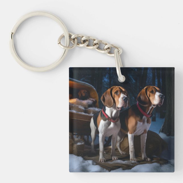 American English Foxhound Snowy Sleigh Christmas Key Ring (Front)