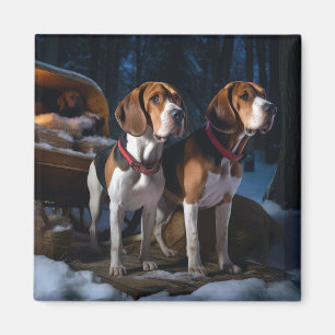 American English Foxhound Snowy Sleigh Christmas Magnet