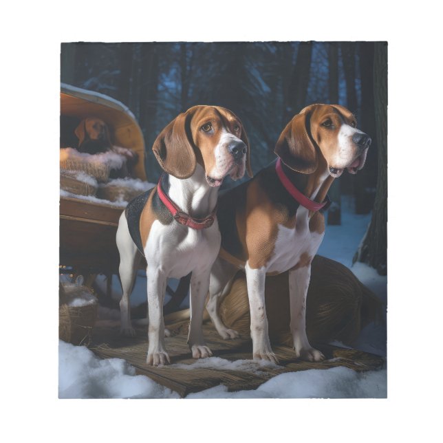 American English Foxhound Snowy Sleigh Christmas Notepad (Front)