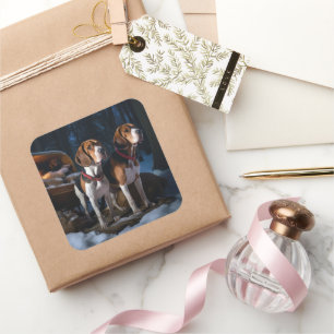 American English Foxhound Snowy Sleigh Christmas Square Sticker