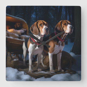 American English Foxhound Snowy Sleigh Christmas Square Wall Clock