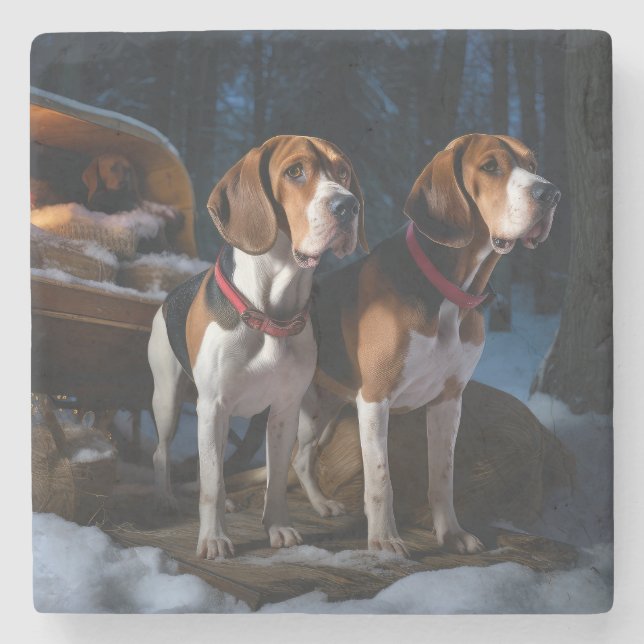 American English Foxhound Snowy Sleigh Christmas Stone Coaster (Front)
