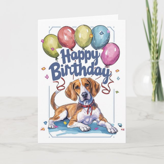 American English Foxhound with Balloons Birthday Card (Front)