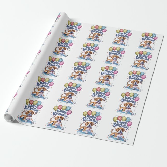 American English Foxhound with Balloons Birthday Wrapping Paper (Unrolled)