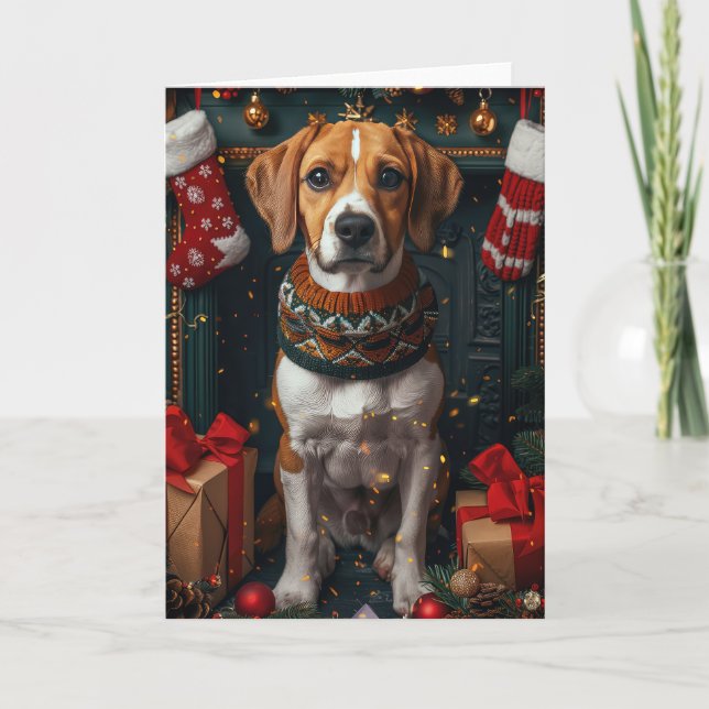 American English Foxhound With Christmas Gifts  Card (Front)