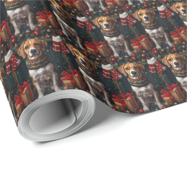 American English Foxhound With Christmas Gifts  Wrapping Paper (Roll Corner)