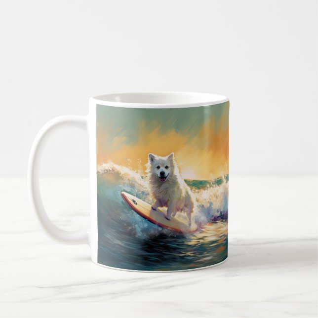 American Eskimo Beach Surfing Painting  Coffee Mug (Left)
