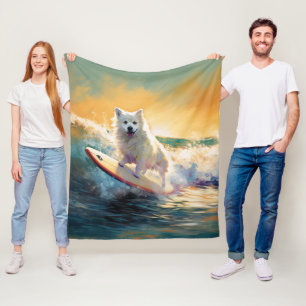 American Eskimo Beach Surfing Painting Fleece Blanket