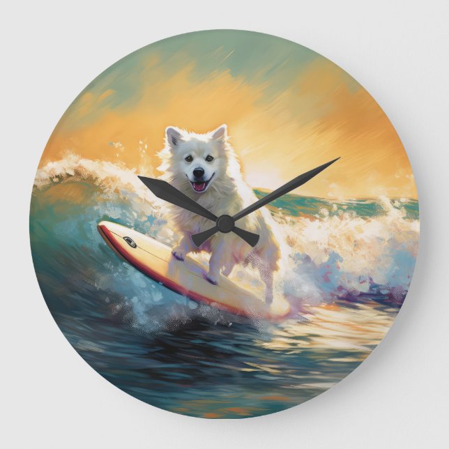 American Eskimo Beach Surfing Painting  Large Clock (Front)